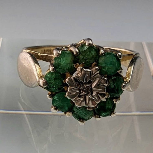 British Vintage Jewelry Emerald & Diamond Sterling Silver Ring
